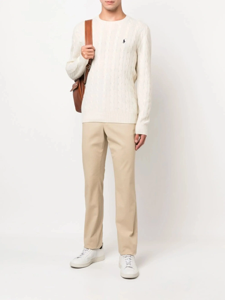 Pulover Crewneck Sweater with Braided Knit and Pony Embroidery on the Front in Wool and Cashmere White Men - Img 4