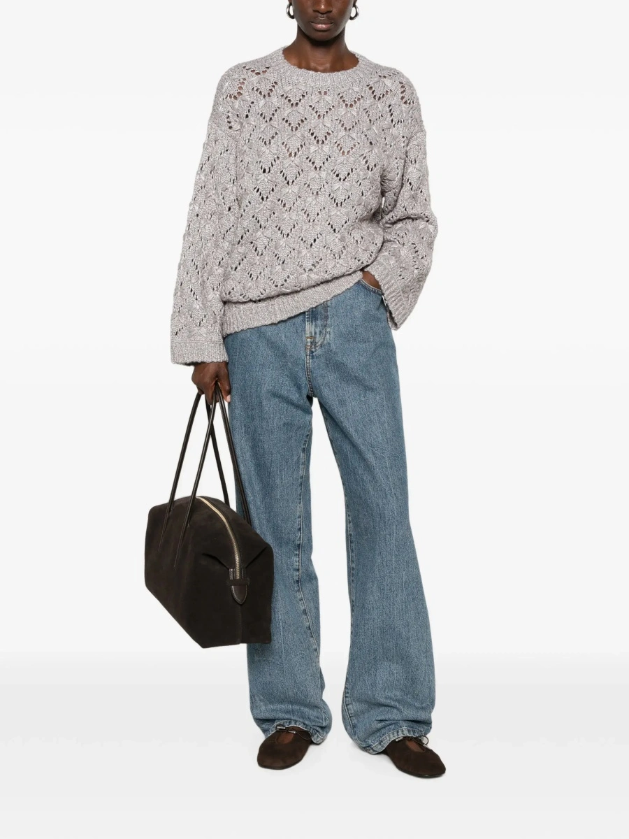 Pulover grey Sweater with round neck and woven Motif in wool Blend for women - Img 4