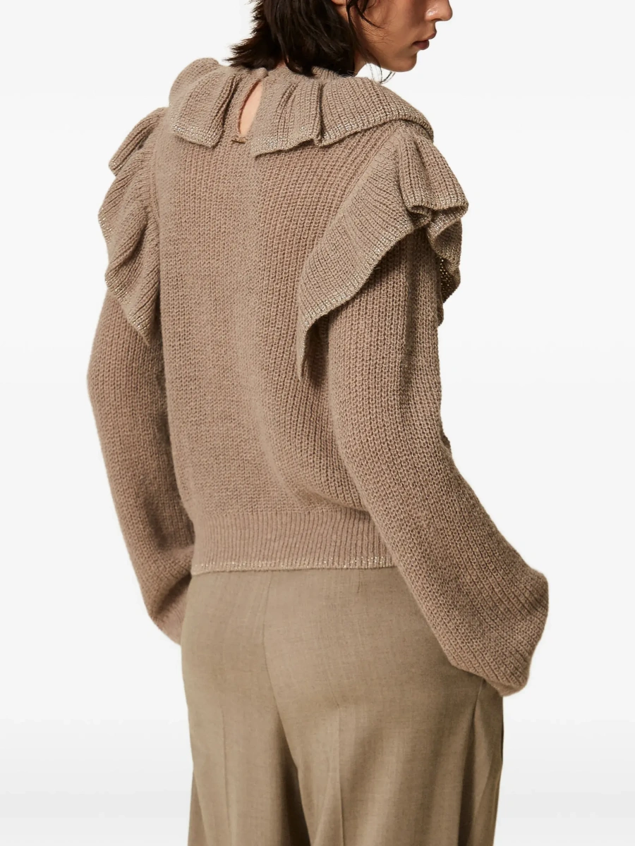 Pulover MASTICE Sweater with V-neck and long sleeves in Beige mixed fabric for women - Img 6