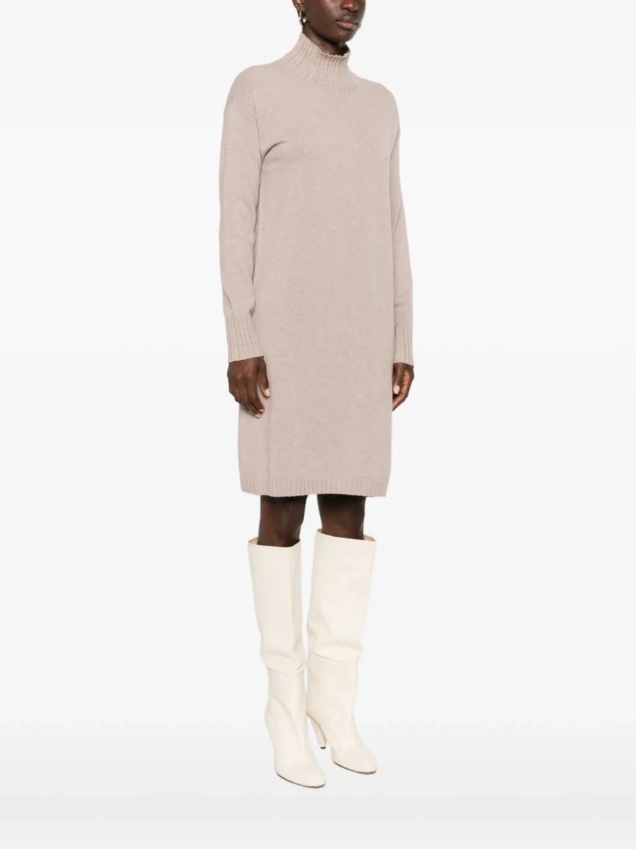 Rochii beige Dress with high collar and rhinestone details in wool and silk Blend women - Img 5