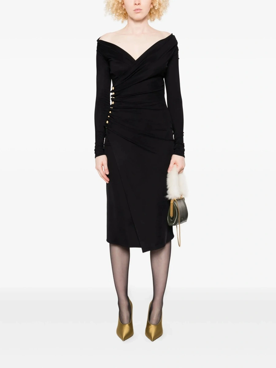 Rochii Black Draped Dress with Asymmetric Hem and V Neck in Viscose Stretch Woman - Img 3