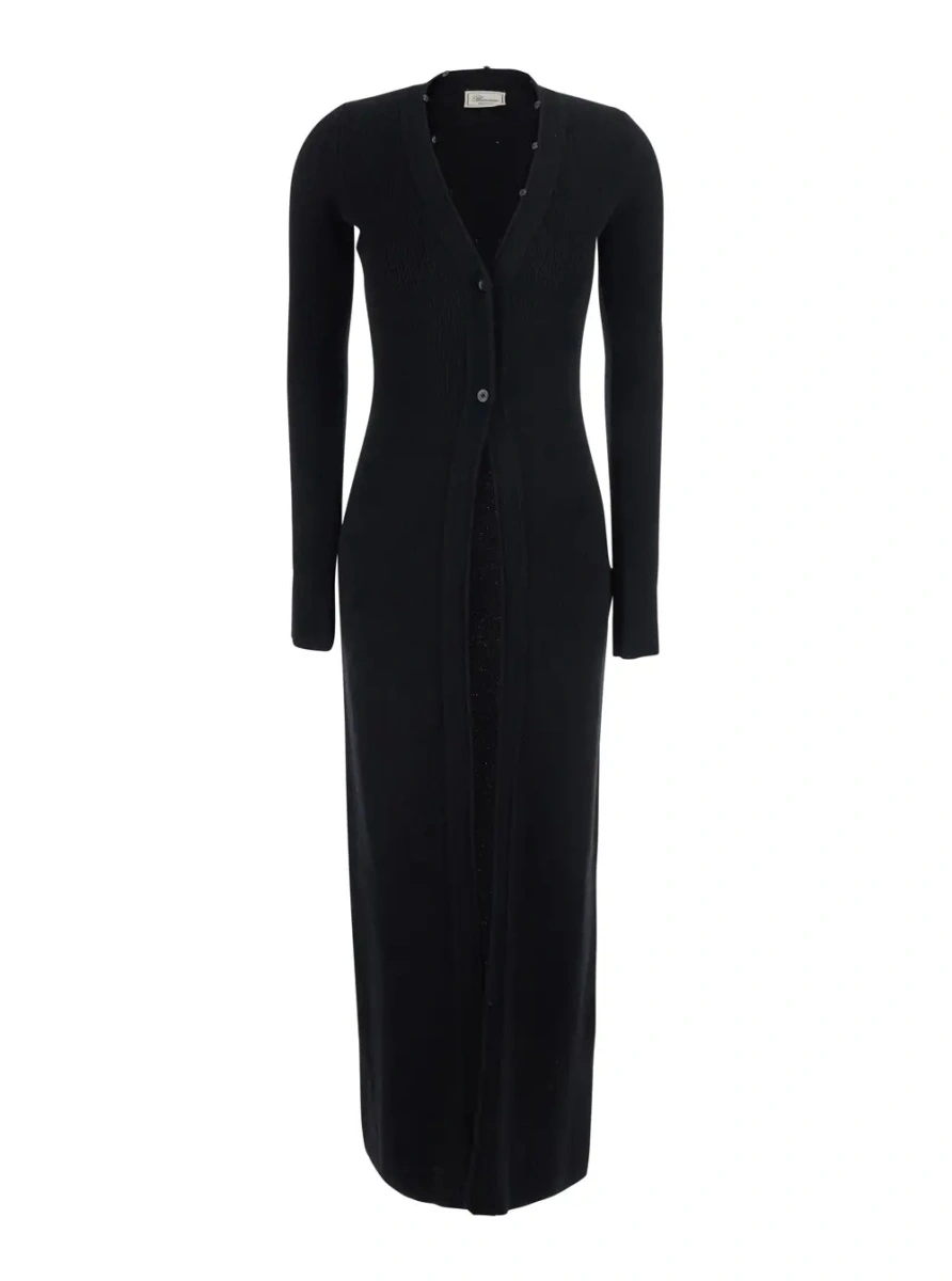 Rochii Black Long Dress with High Fur Collar in Wool for Women - Img 4