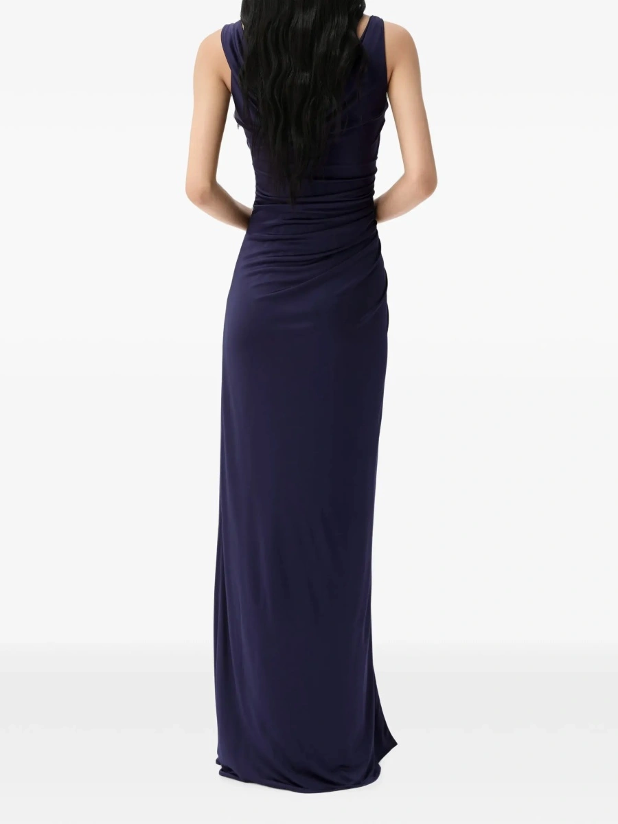 Rochii Blue Long Dress with V-Neck and Applied Medusa Buttons in Viscose for Women - Img 3