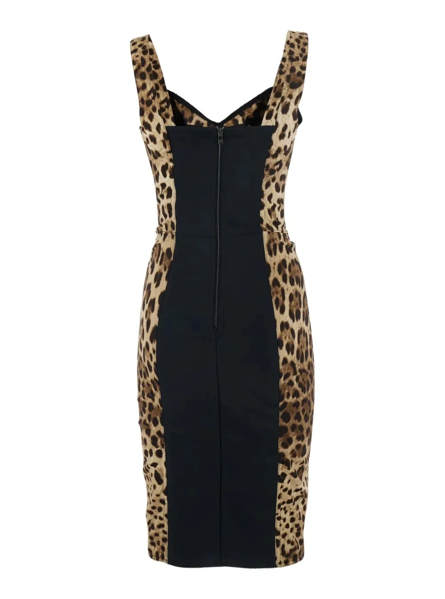 Rochii Brown Midi Dress with Heart Neckline and Leopard Motif on the Front in Stretch Silk Blend for Women - Img 2