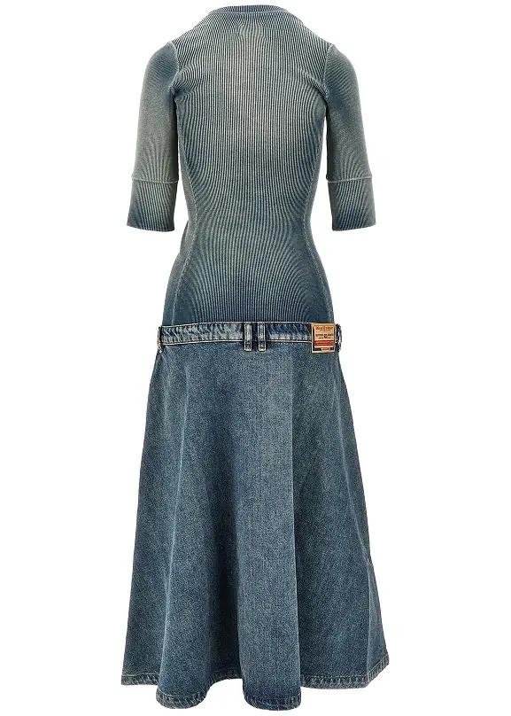 Rochii Denim and ribbed knit low-rise midi dress - Img 3