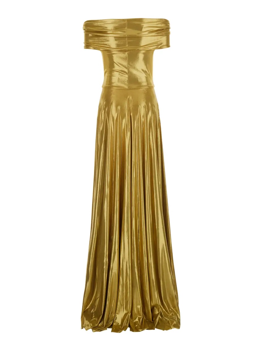 Rochii gold colored Long dress with boat neckline and pleated skirt in Tech Fabric women - Img 2