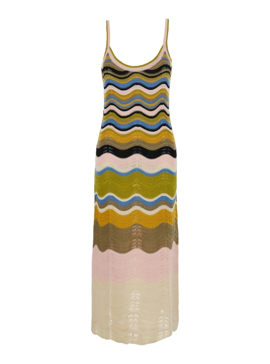 Rochii Multicolor Long sleeveless dress with fixed straps and Chevron motif in cotton for women - Img 3