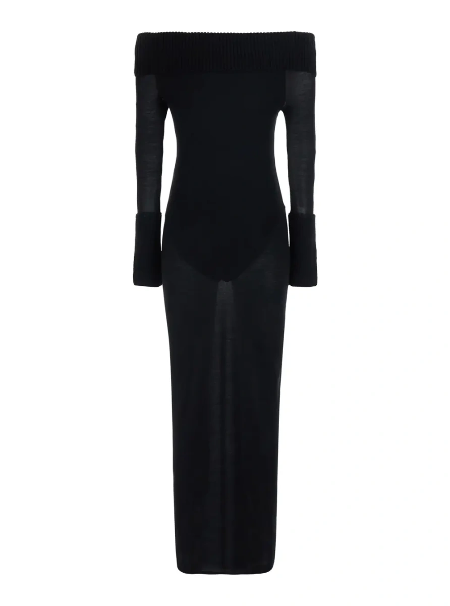 Rochii Off-Shoulder Dress with Wide Neckline and Long Sleeves in Black Merino for Women - Img 2