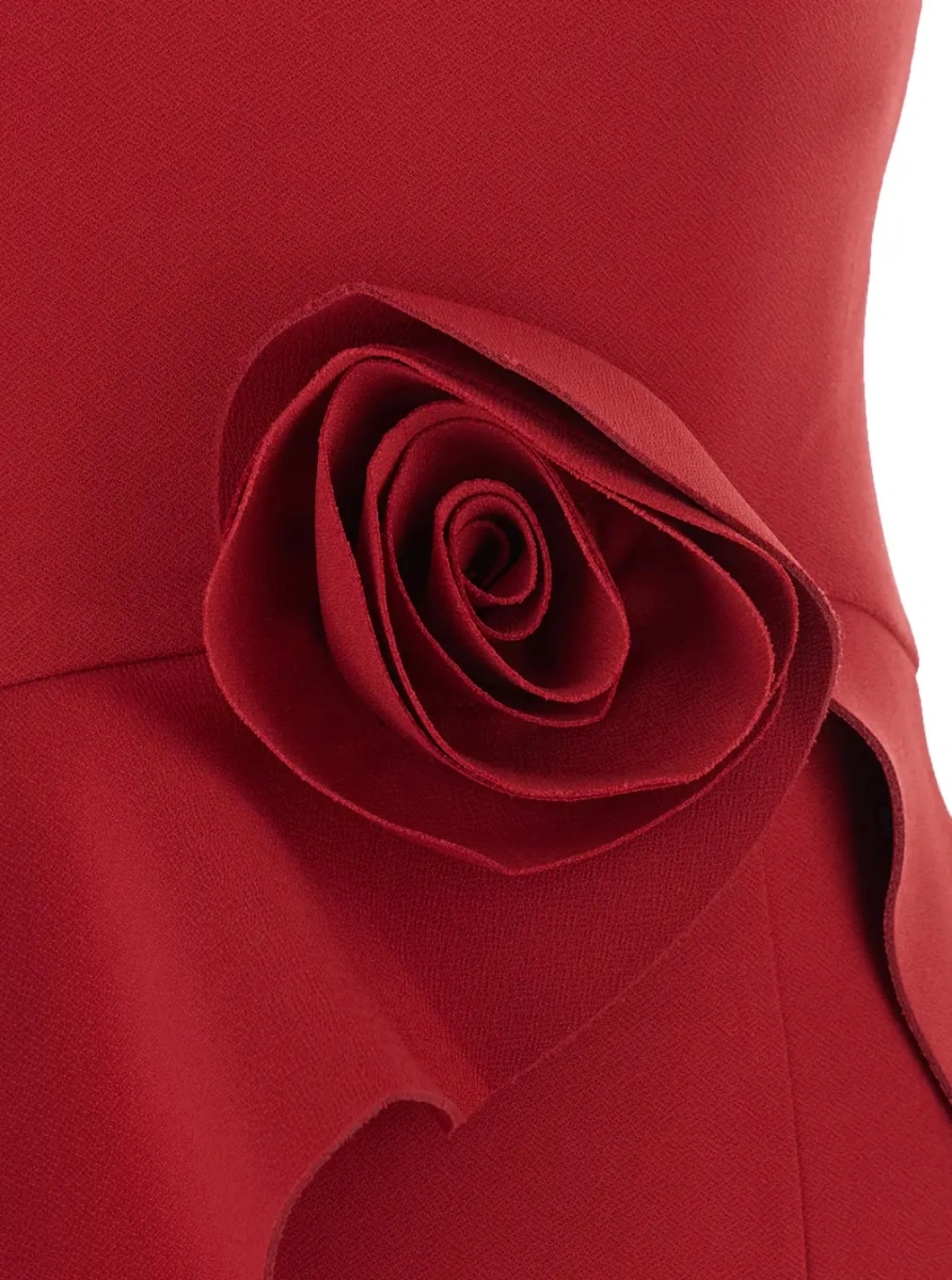 Rochii Red Long Sleeveless Dress with Floral Detail on the Front in Tech Fabric Women - Img 2