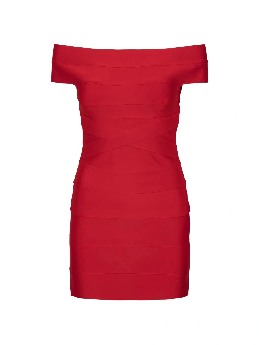 Rochii Red Mini Dress with Off-shoulder Design and Elastic Inserts on the Front in Tech Fabric Women - Img 5