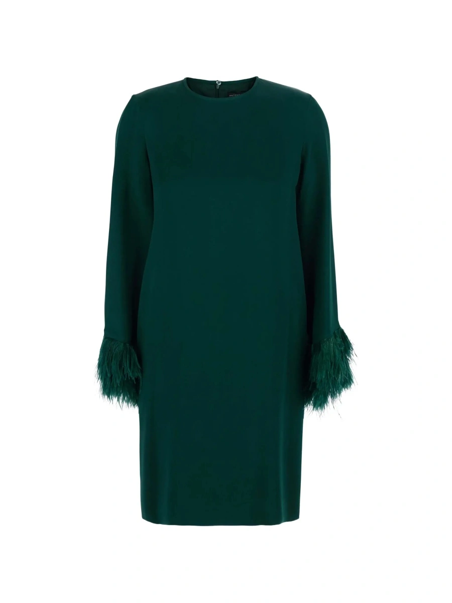Rochii 'Violetta' Green Dress with Long Sleeves and Feather Details in Satin for Women - Img 6
