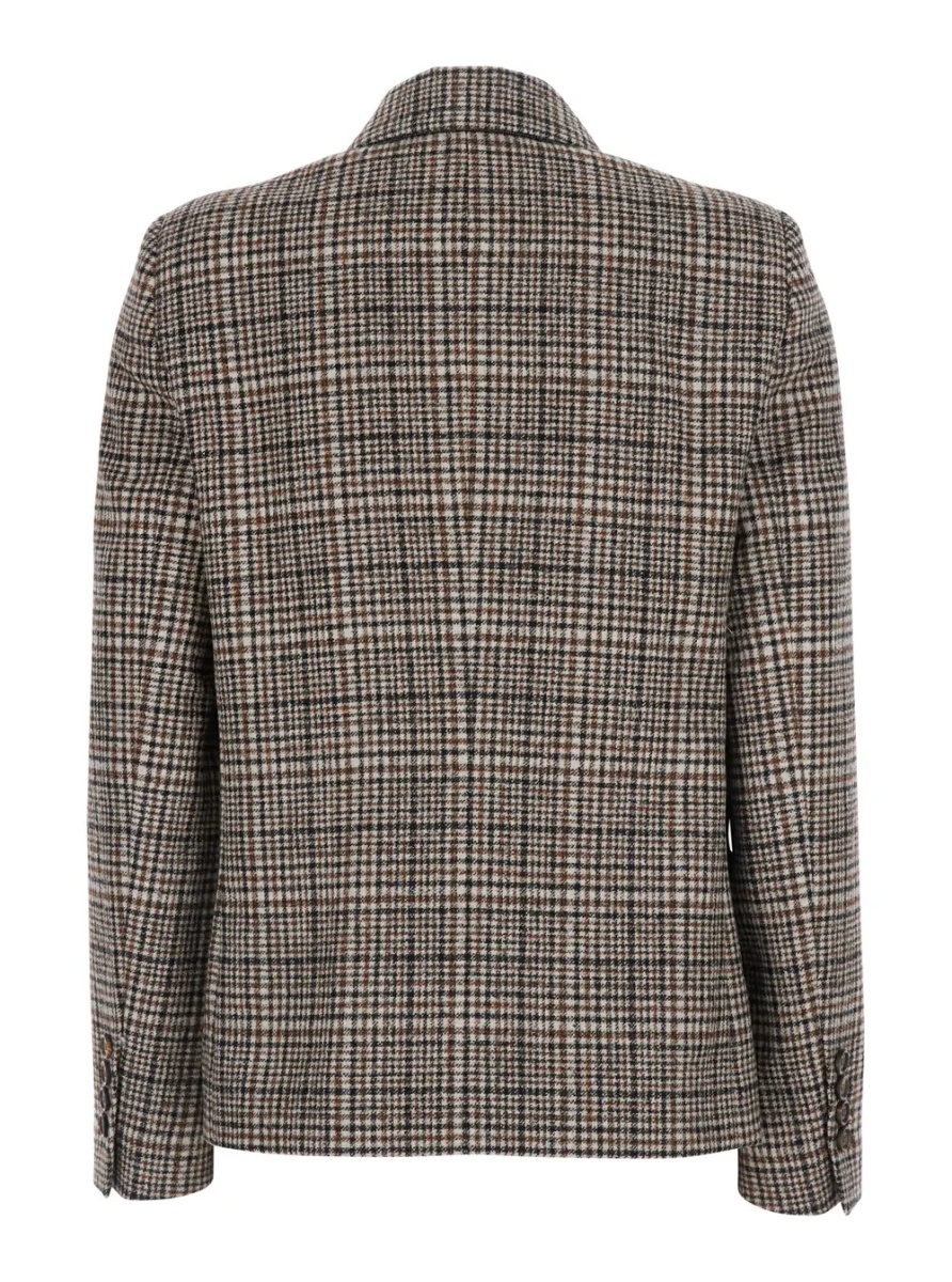 Sacou Beige Double-breasted Jacket with Peak Revers and All-Over Check Motif in Wool for Women - Img 2