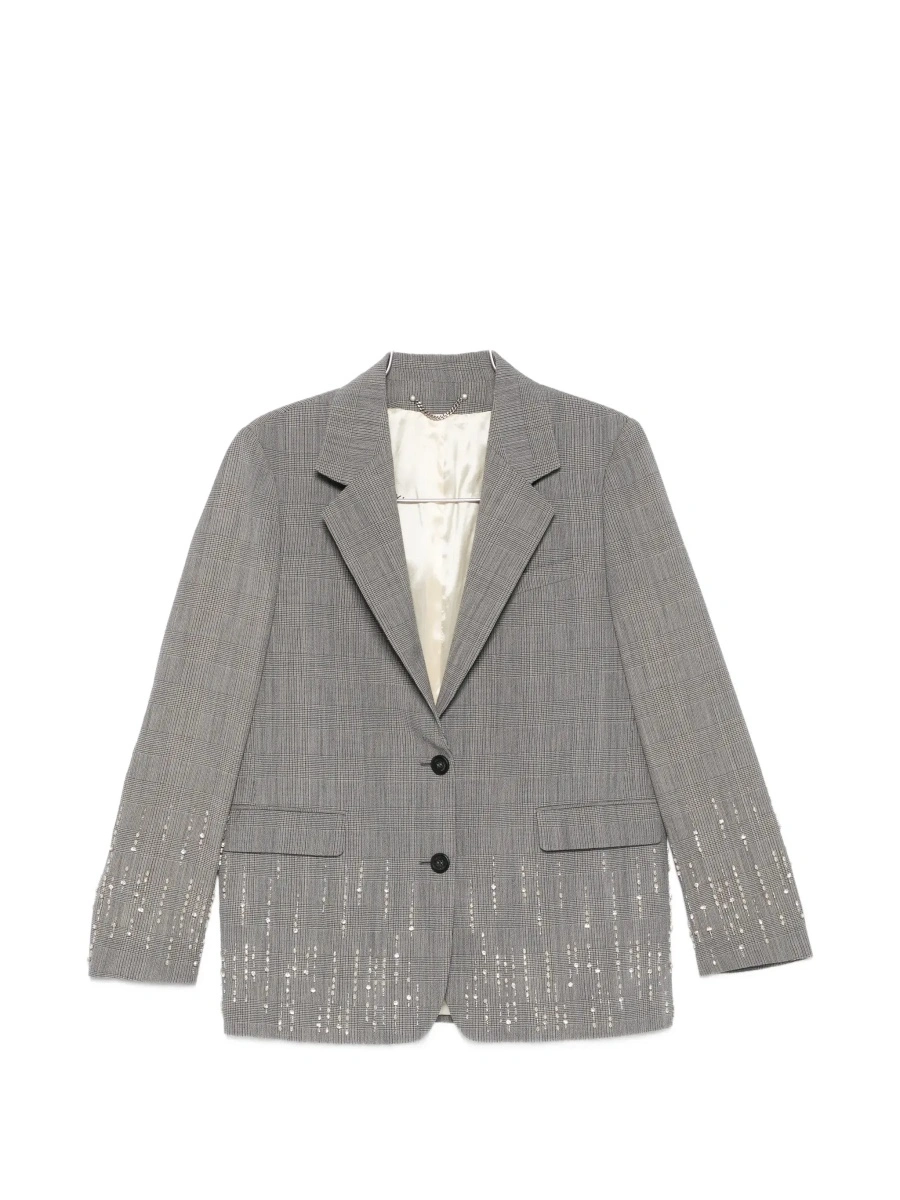 Sacou Grey Single-breasted jacket with notched revers and check motif all-over in virgin wool for women - Img 8