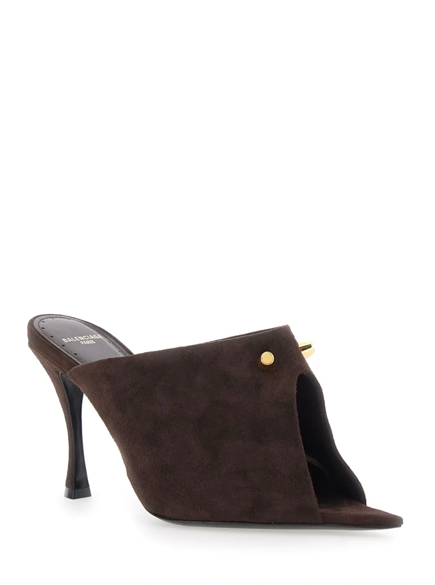Sandale cu toc Balenciaga maro din piele intoarsa - Img 2