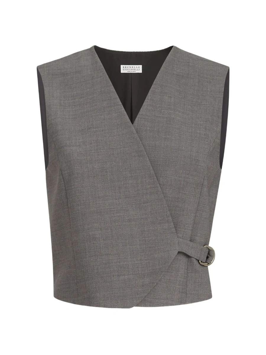 Topuri Grey Sleeveless top with V-neck and side buckle closure in wool blend for women - Img 8