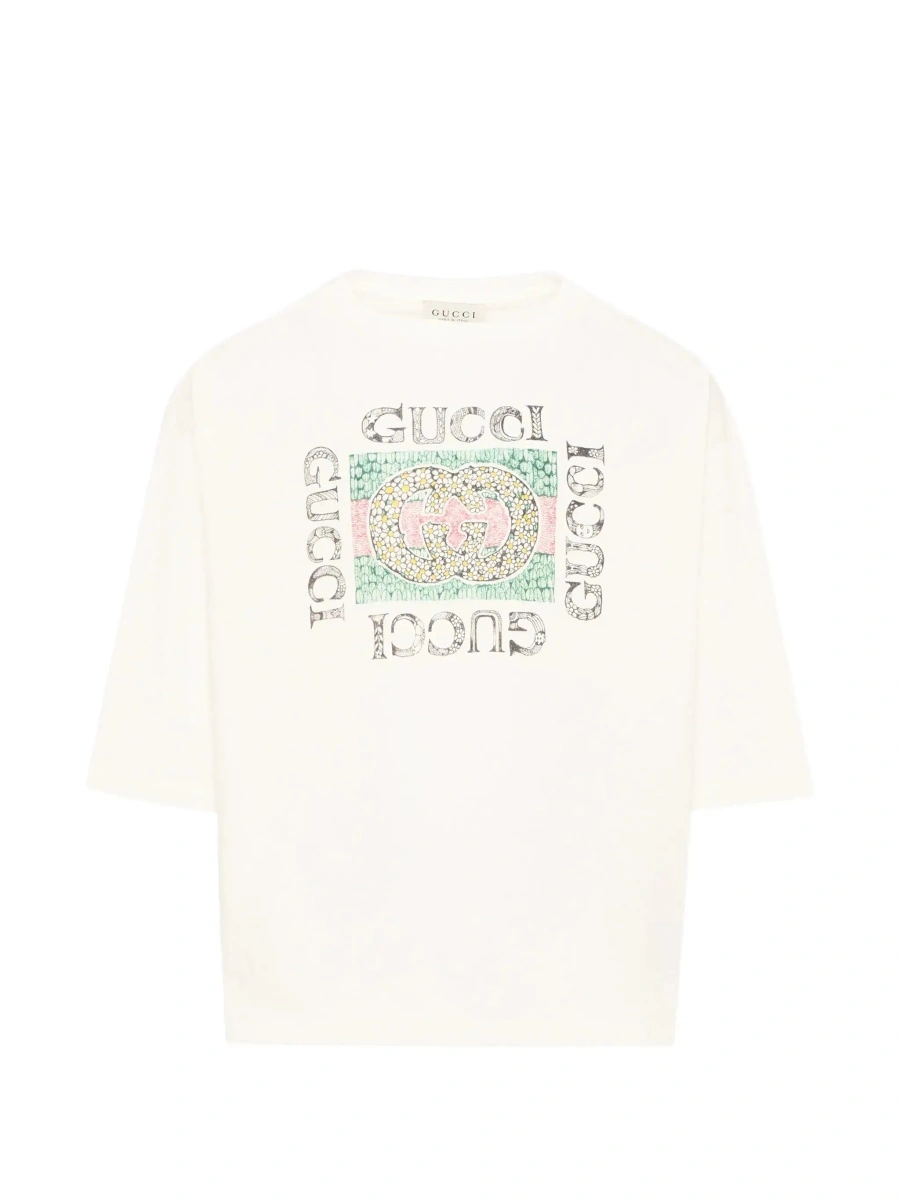 Tricou Gucci alb din bumbac cu logo maxi imprimat pe piept - Img 6