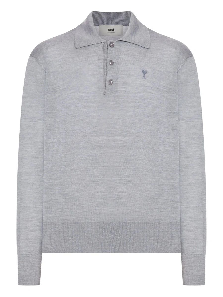 Tricou polo AMI Paris gri din lana si matase - Img 5