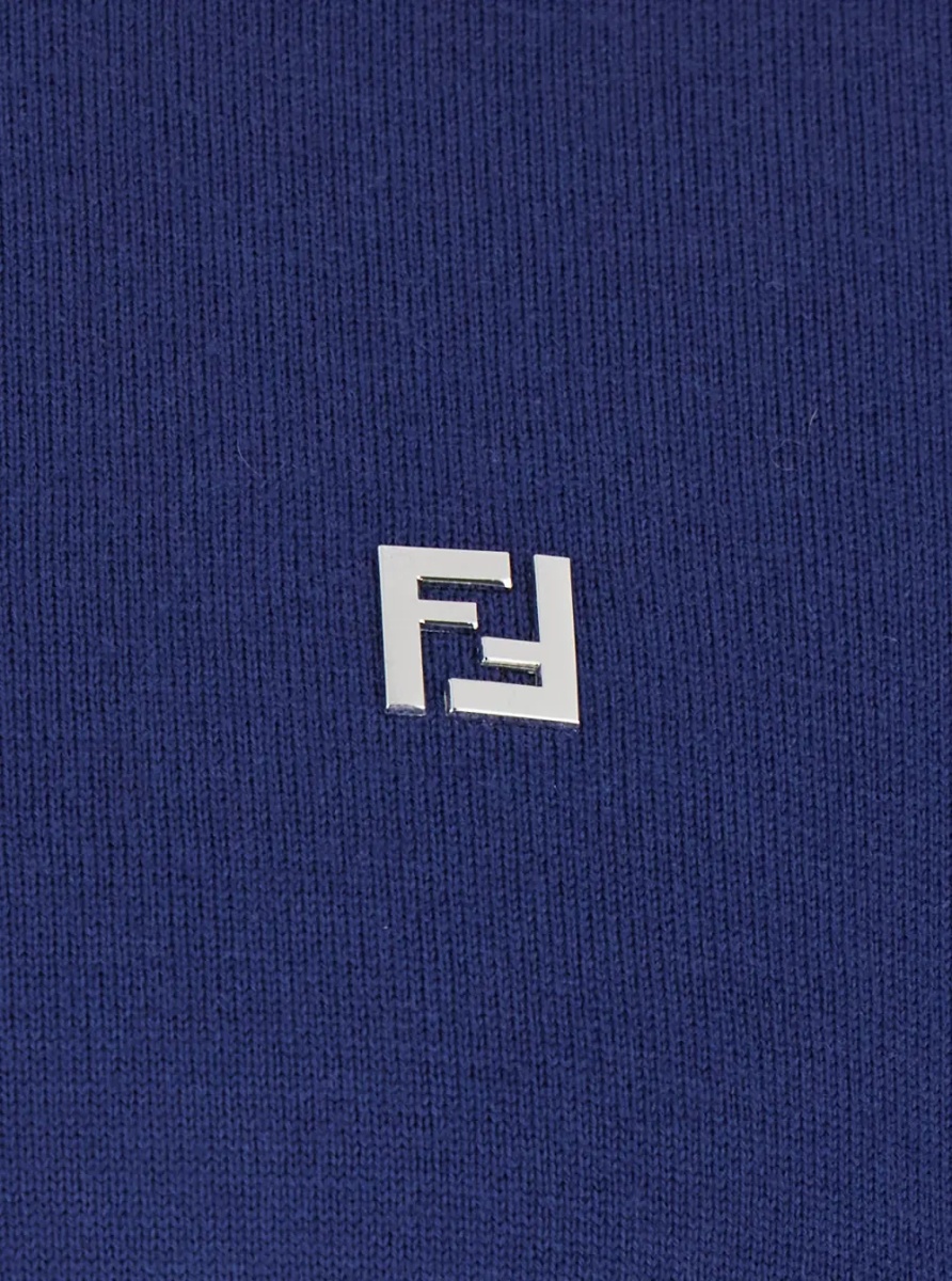 Tricou Polo Blue Long Sleeve Polo with Classic Collar and FF Plate on the Front in Wool for Men - Img 3