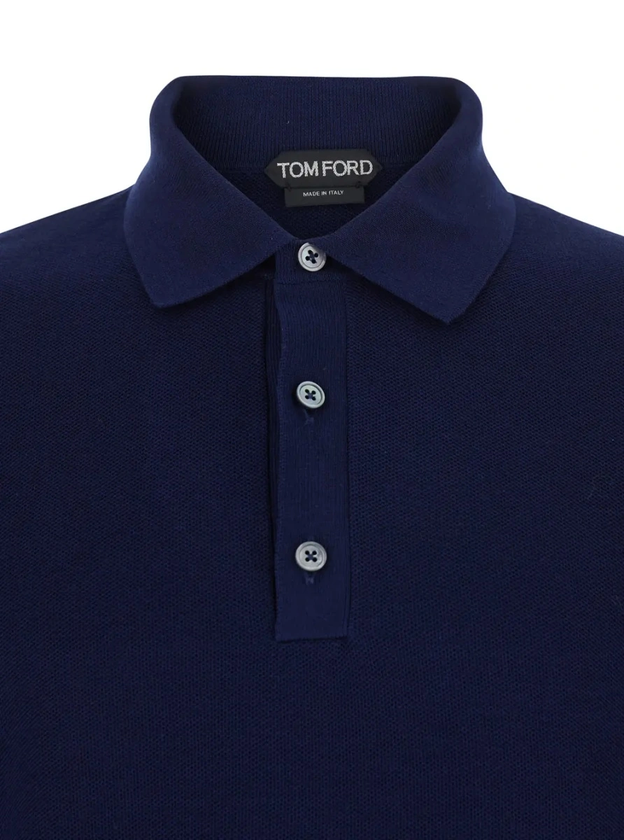 Tricou Polo Blue Polo Shirt with Classic Collar and Front Button Closure in Silk and Cotton Blend for Men - Img 3