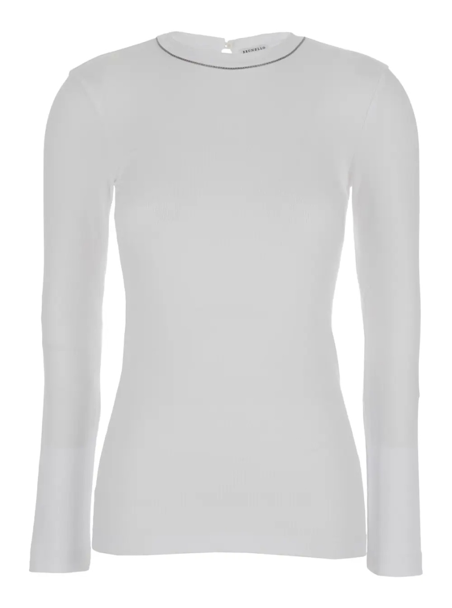 Tricou White Long Sleeve T-shirt with Round Neck and Monile Details in Cotton Women - Img 3
