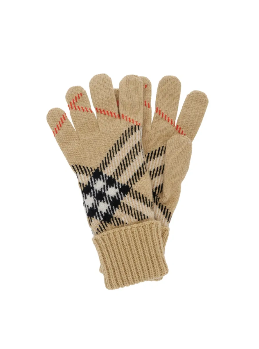 Caciula Gloves with Check Motif in Beige Leather for Women - Img 3