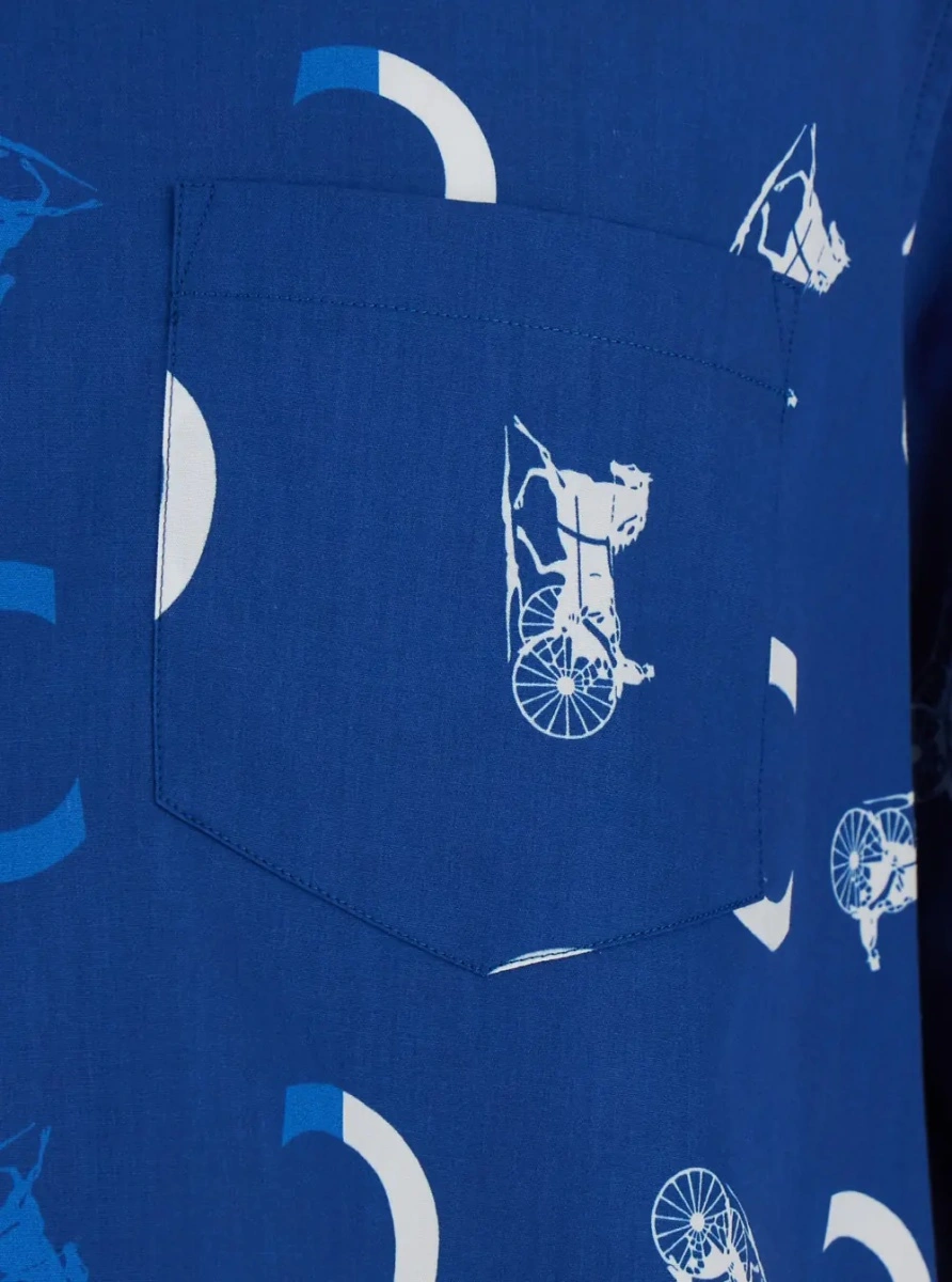 Camasa Blue Bowling Shirt with Cuban Collar and All-Over Logo Print in Silk for Men - Img 2