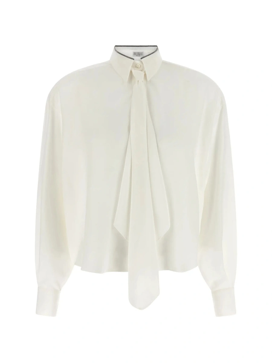 Camasa White Shirt with pointed collar with Monil and removable bow tie on the front in silk for women - Img 8