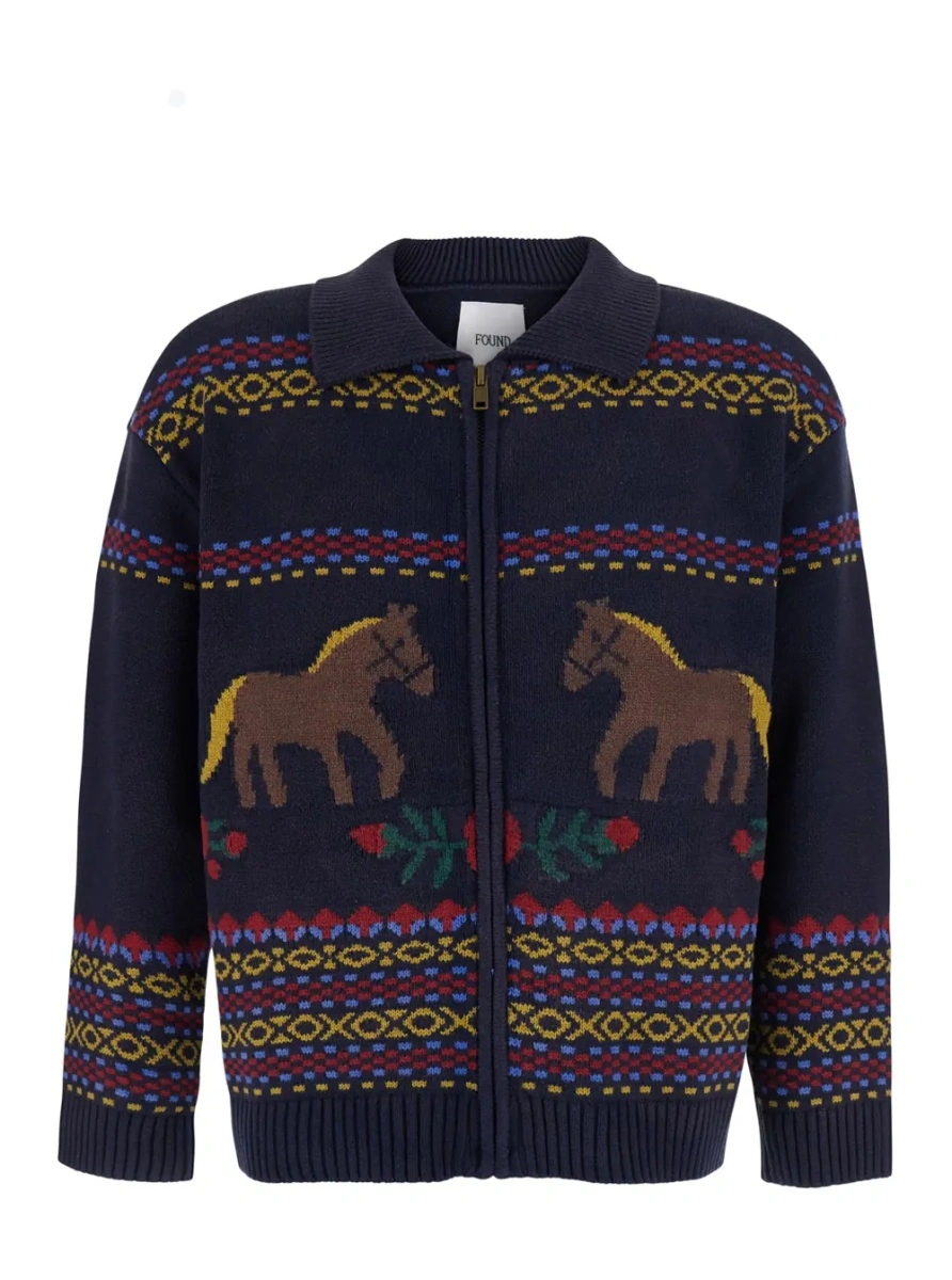 Cardigan 'Isles Blue cardigan with classic collar and all-over embroidery in cotton blend for men - Img 3