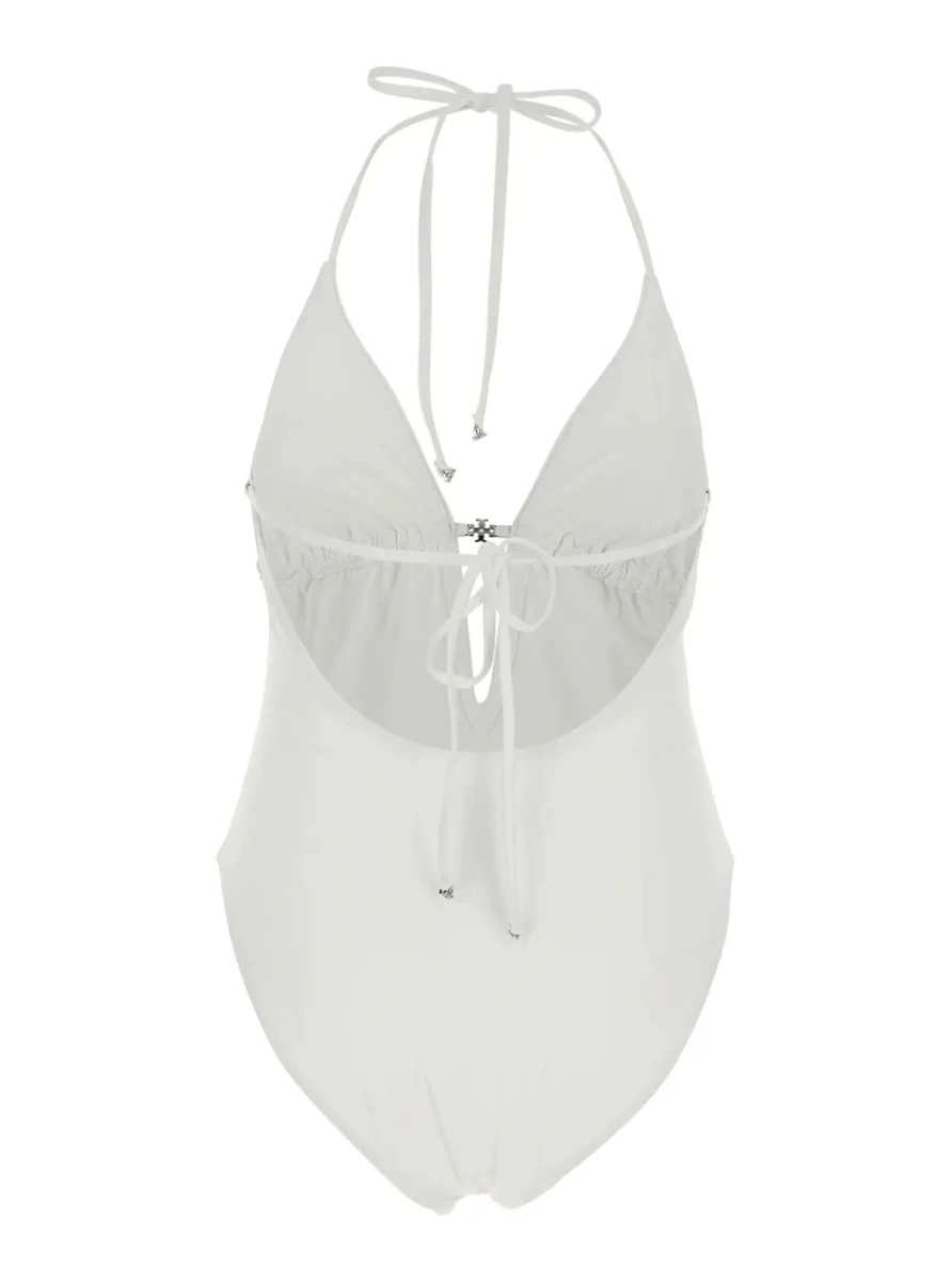 Costum de baie White One-Piece Swimsuit with Knot Closure and Logo Plate on the Front in Tech Fabric for Women - Img 2