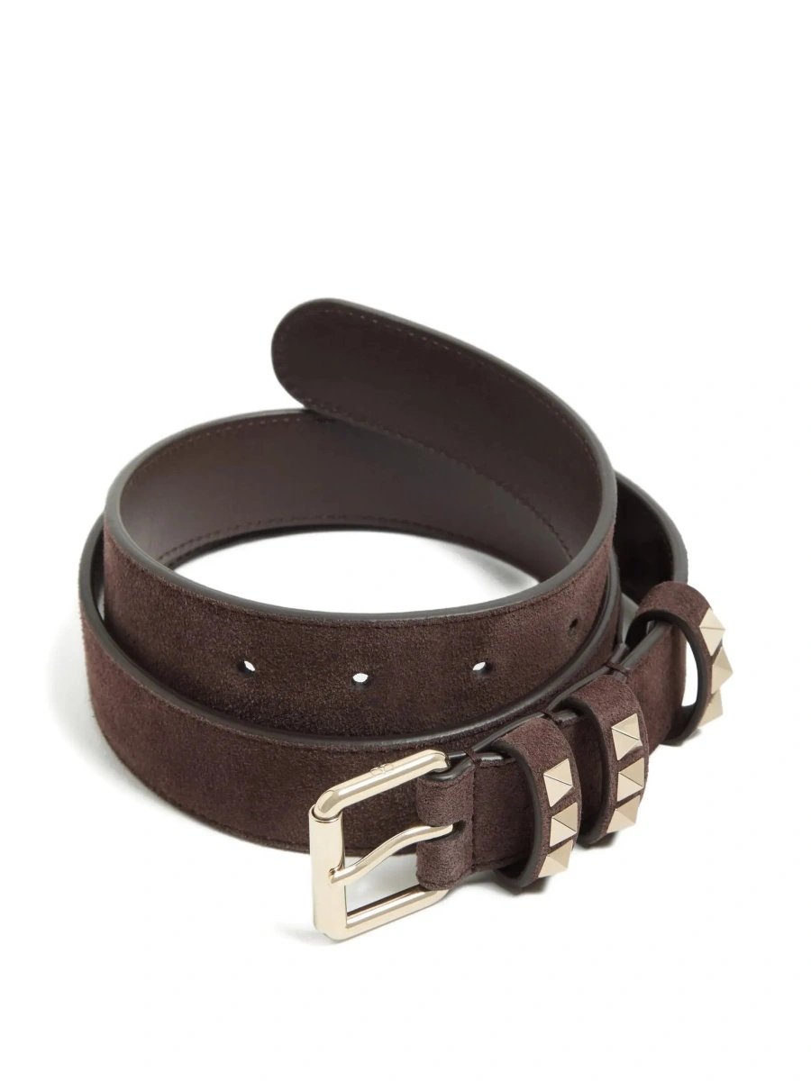 Curea Valentino Garavani 'Rockstud' maro din piele intoarsa - Img 3