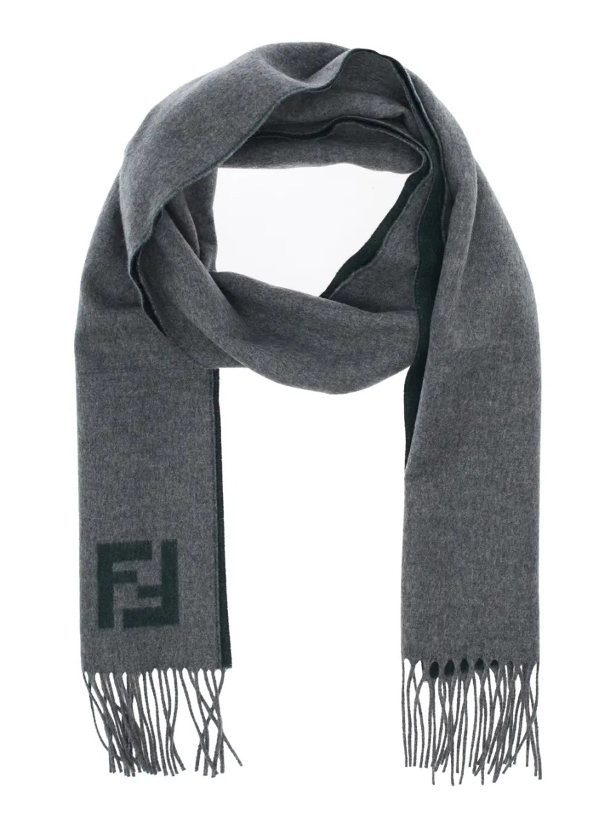 Esarfa Gray 'FF' Scarf with Fringed Edge and FF Embroidery on the Front in Wool and Cashmere for Men - Img 2