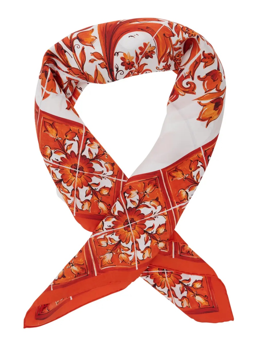 Esarfa Orange Square Scarf with All-Over Majolica Print in Silk for Women - Img 2