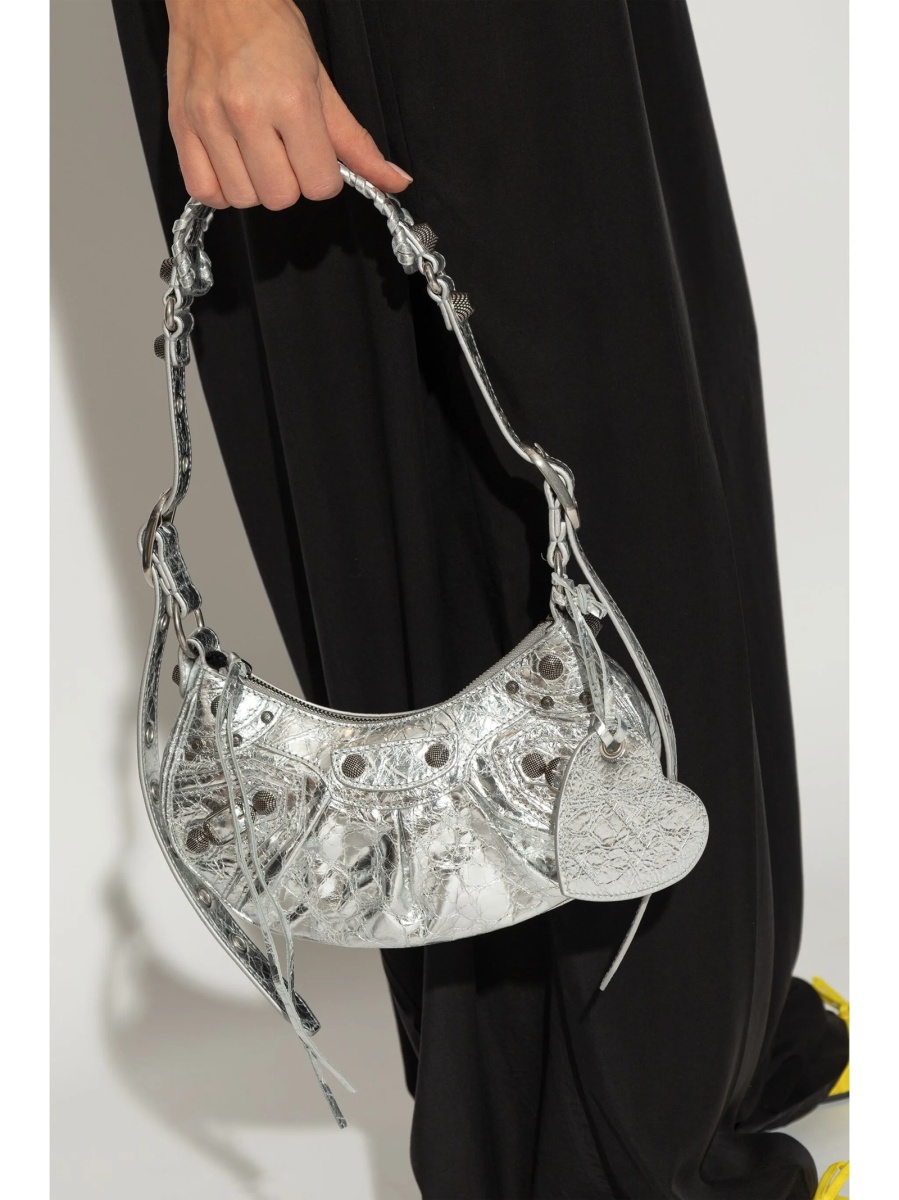 Geanta de umar Balenciaga Cagole argintie din piele - Img 2