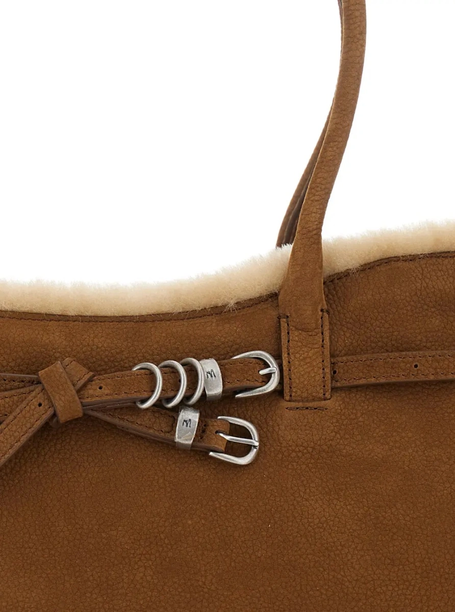 Geanta de umar Beige Shoulder bag with shearling lining and front logo loop in leather for women - Img 3