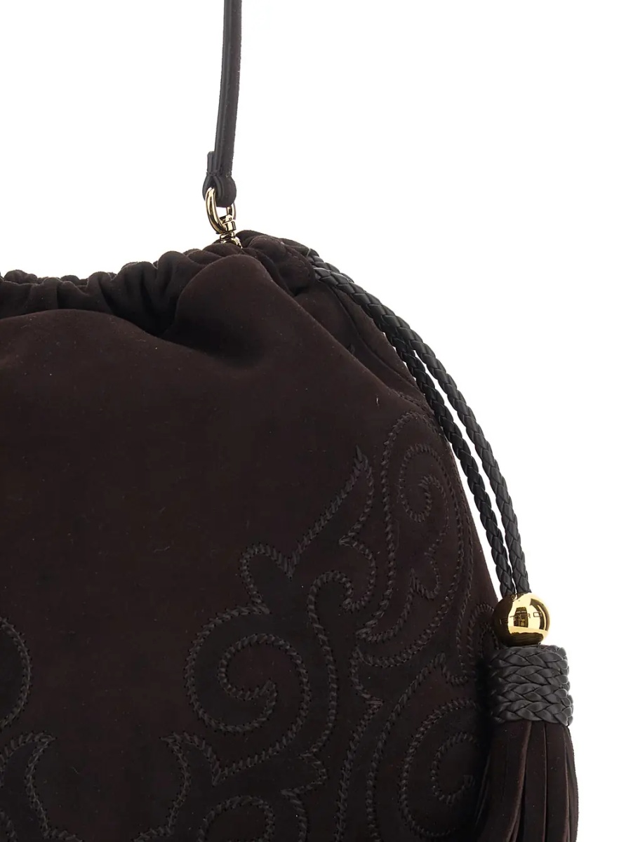 Geanta de umar 'Kalispera' Brown Shoulder bag with Drawstring Closure and Tassels on the Front in Suede for Women - Img 3