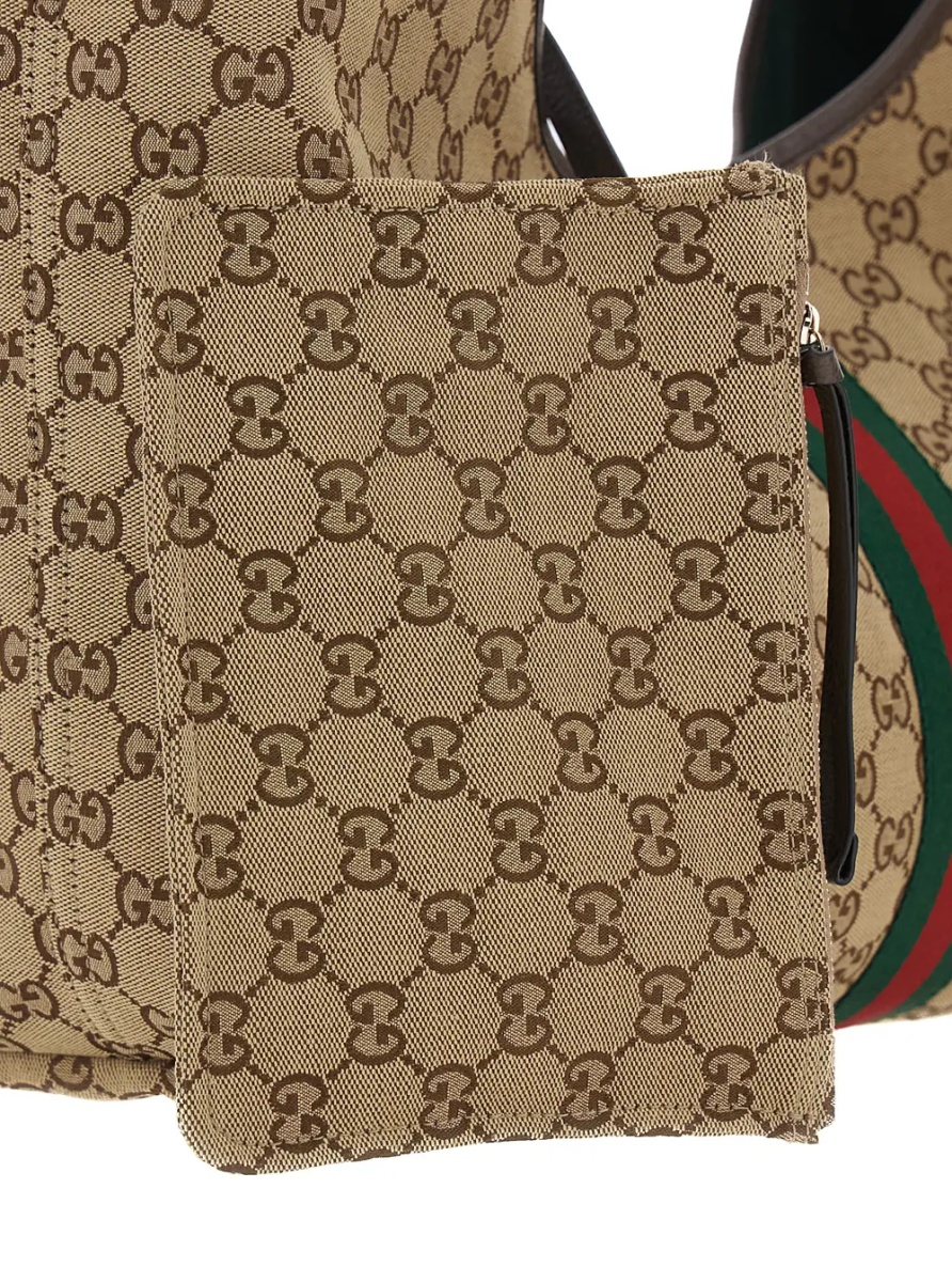 Geanta de umar Shoulder Bag 'Giglio' with GG All-Over Motif and Metallic Logo on the Front in Beige Fabric for Women - Img 4