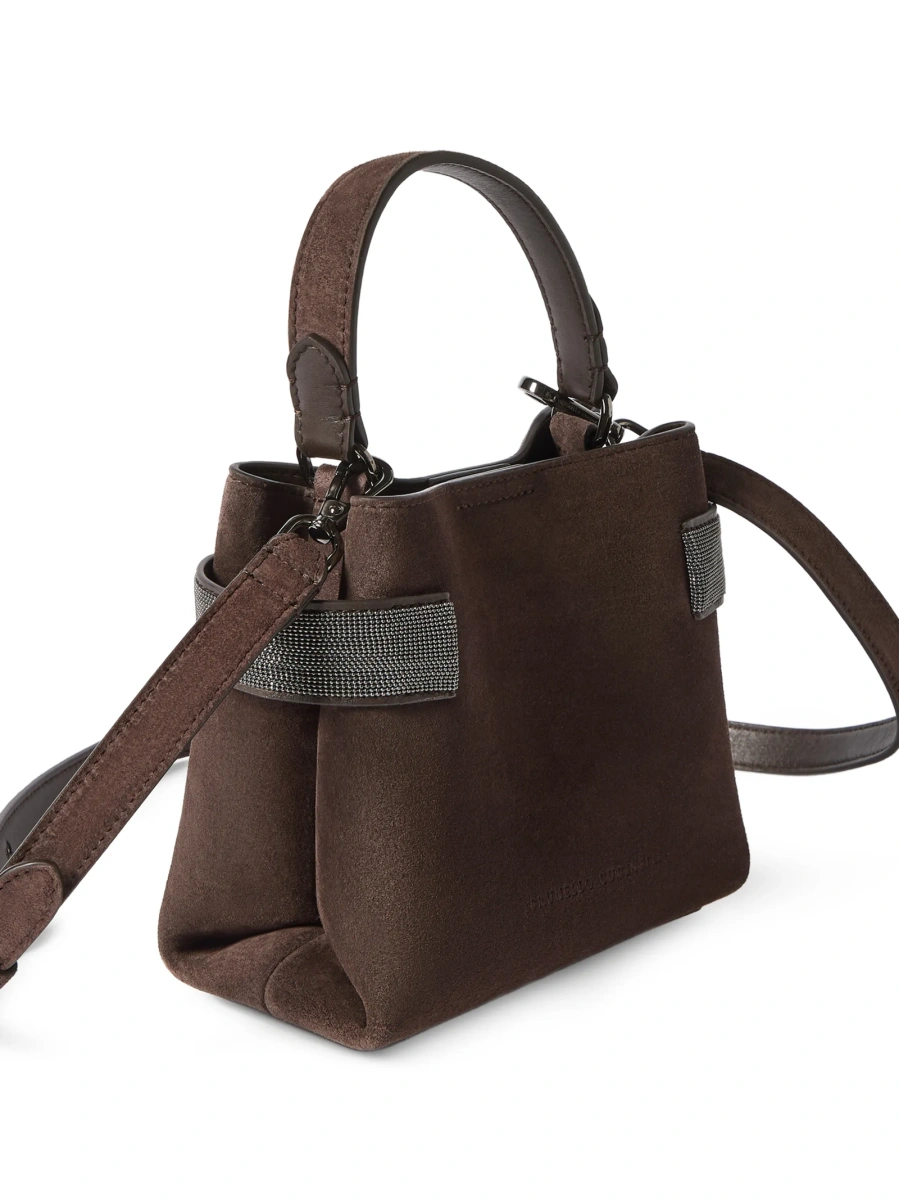 Geanta mini Brunello Cucinelli maro din piele intoarsa - Img 5