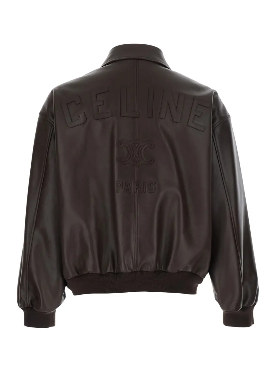 Jacheta Brown Leather Jacket with Pointed Collar and Maxi Logo Printed on the Back for Men - Img 2