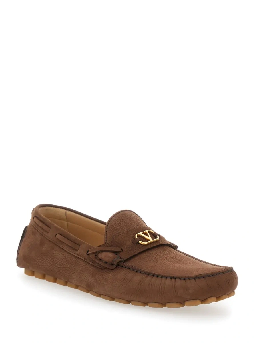 Mocasini Brown Loafers with Round Toe and VLogo Plaque in Suede Man - Img 2