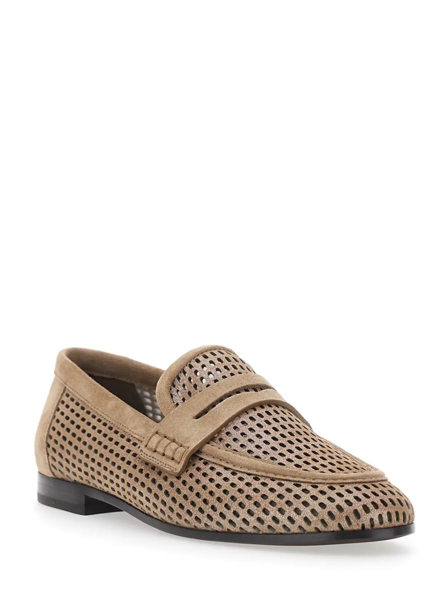Mocasini Brown Slip-On Loafers with Perforated Design in Leather Woman - Img 2