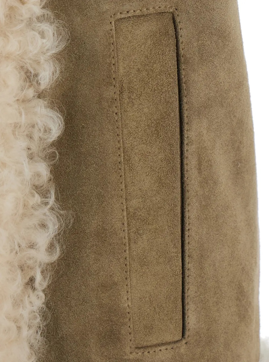 Paltoane beige Shearling coat with maxi embroidery on the back in fur for women - Img 3