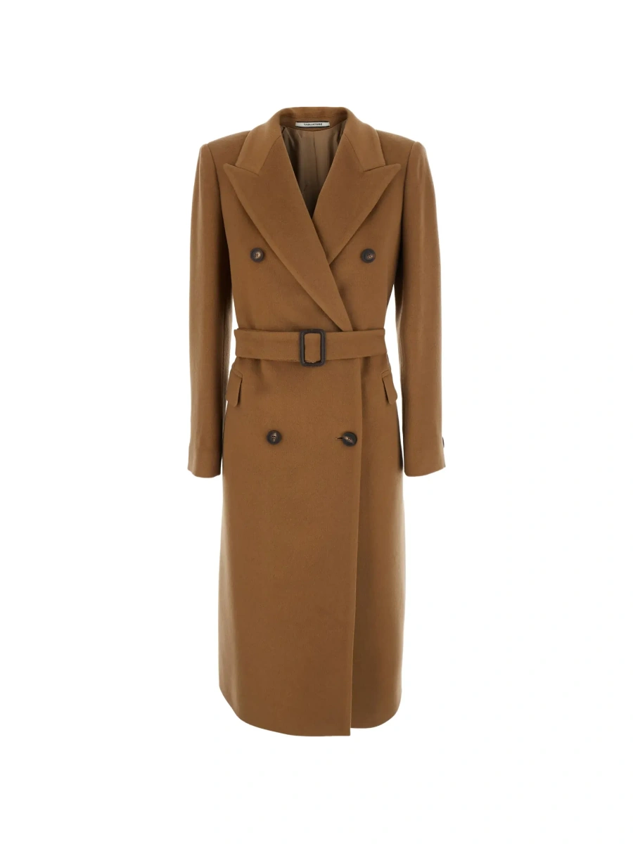 Palton Beige Double-breasted coat with Peak revers and front belt in wool and cashmere for women - Img 6