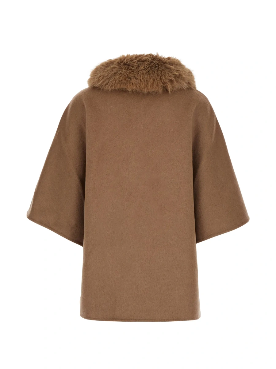 Palton Beige fur coat with removable fur collar and wide short sleeves in eco fur for women - Img 5