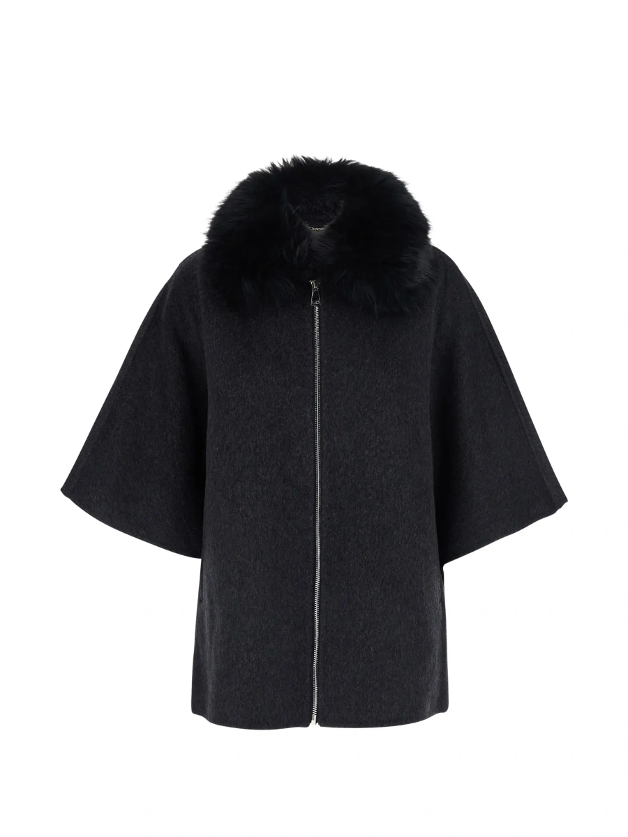 Palton Gray fur coat with removable fur collar and wide short sleeves in eco fur for women - Img 8