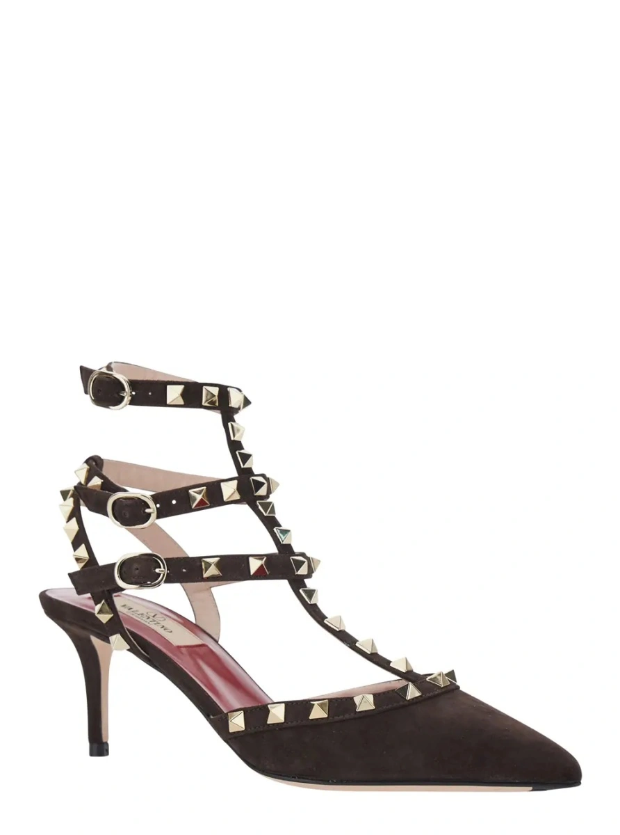 Pantofi cu toc Valentino Garavani 'Rockstud' maro din piele intoarsa - Img 2
