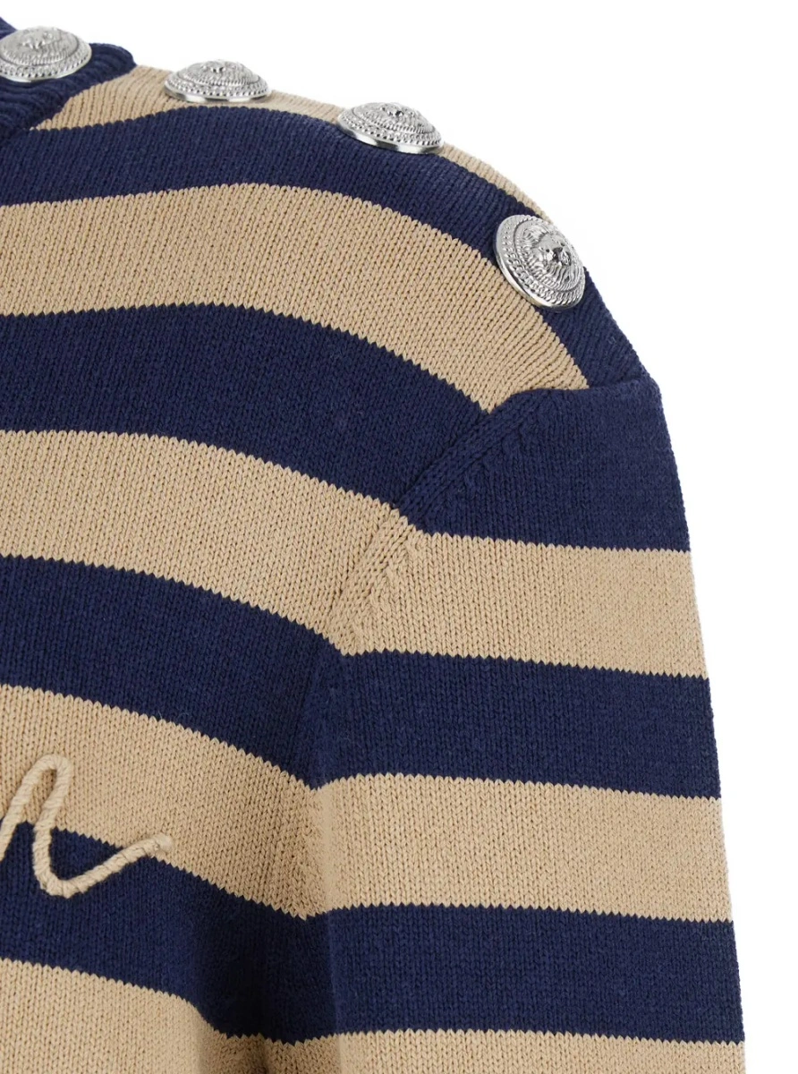 Pulover Blue Crewneck Sweater with Logo Lettering on the Front and All-Over Striped Motif in Wool Woman - Img 3