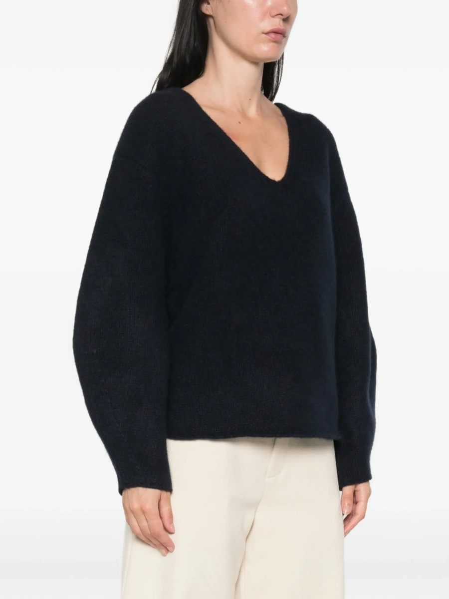 Pulover Cashmere Puff Sleeves V Neck Sweater in Blue for Women - Img 5