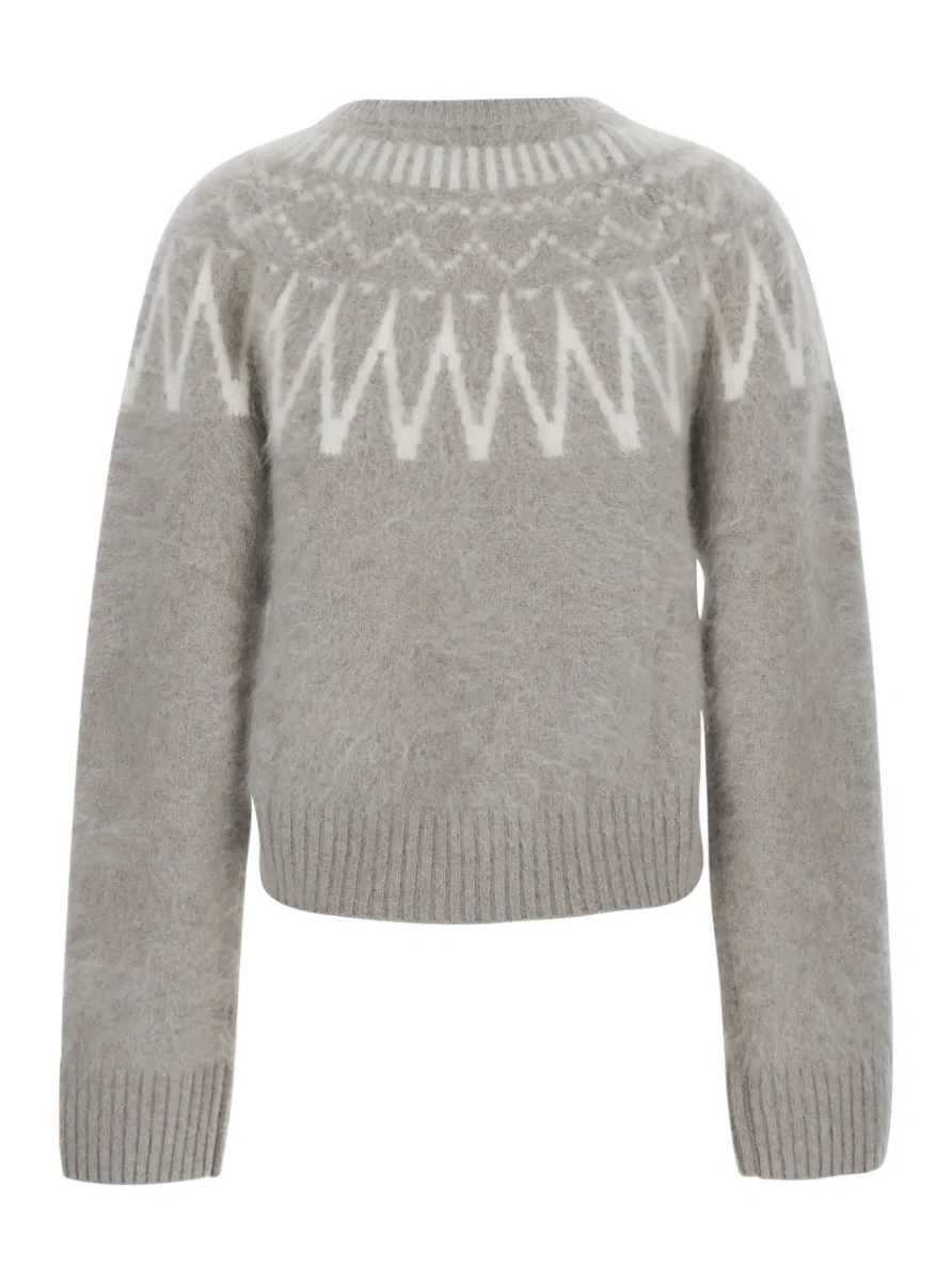 Pulover Gray crewneck sweater with geometric motif and crop design in wool for women - Img 2