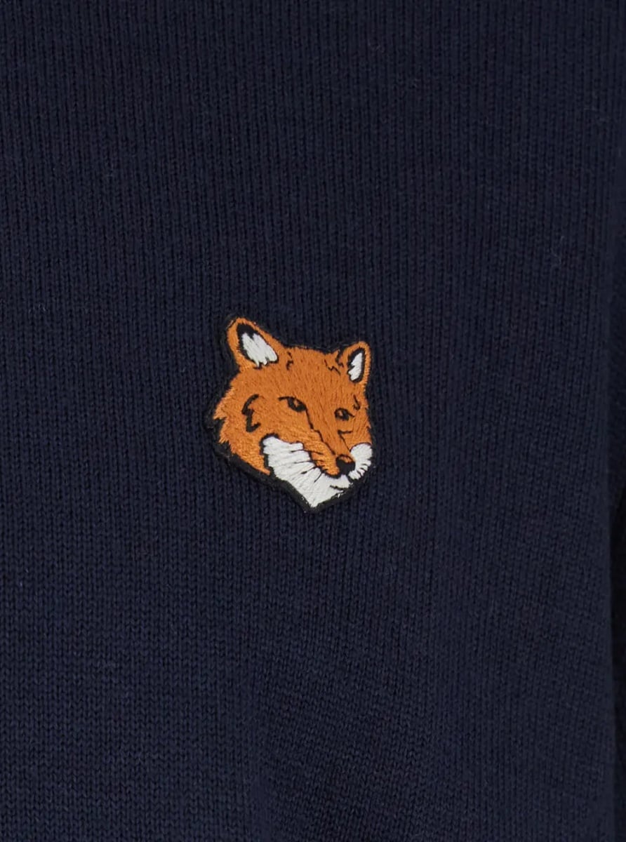 Pulover MAISON KITSUNÉ Blue Crew Neck Sweater with Fox Patch on the Front in Wool Man - Img 3