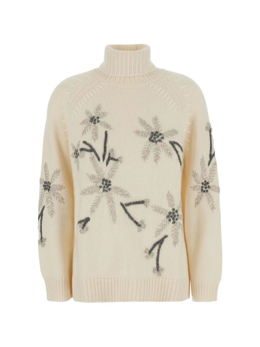 Pulover P.A.R.O.S.H. white High-neck sweater with floral embroidery in cashmere for women - Img 6
